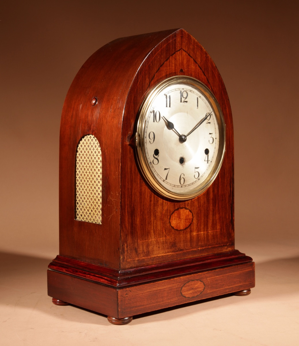  Impressionnante grande horloge de cheminée édouardienne en acajou marqueté.-photo-1