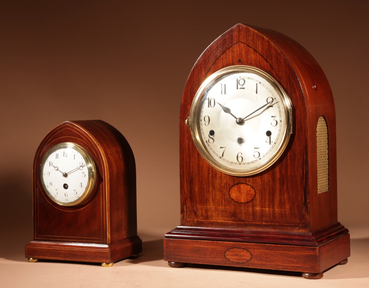  Impressionnante grande horloge de cheminée édouardienne en acajou marqueté.-photo-2