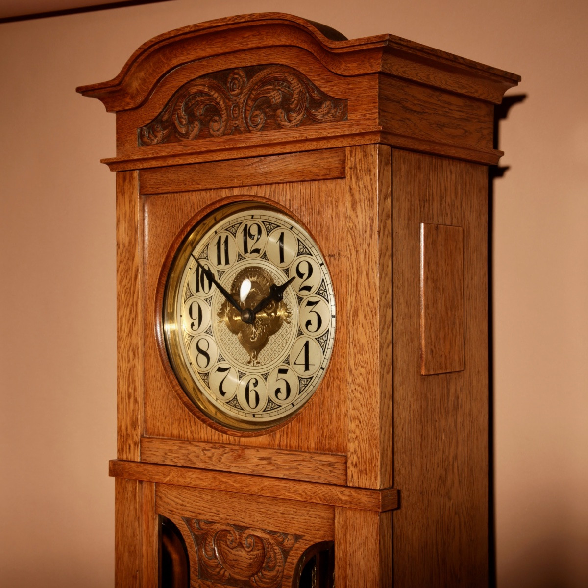 Impressive Dutch Art Deco Grandfather Clock In Gilt Oak. -photo-3
