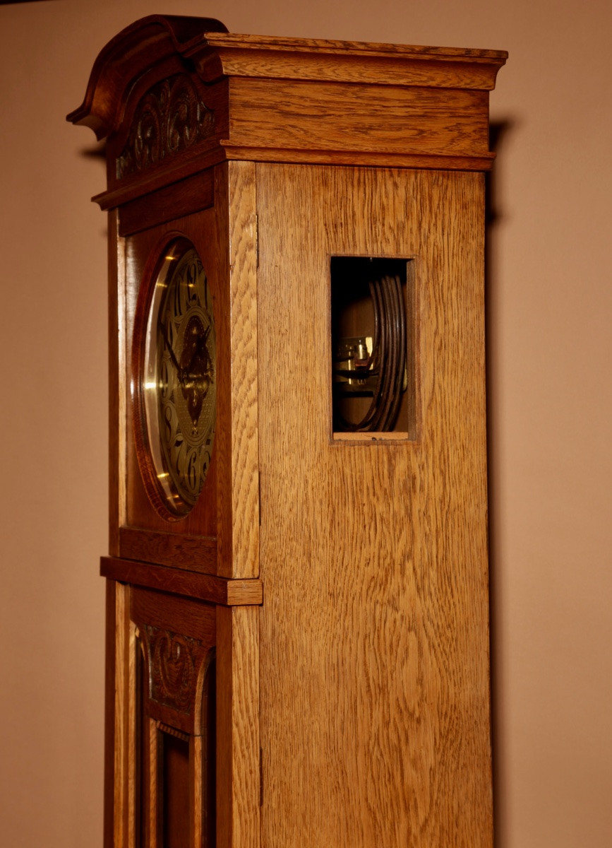 Impressive Dutch Art Deco Grandfather Clock In Gilt Oak. -photo-4