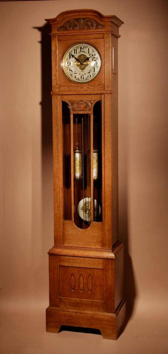 Impressive Dutch Art Deco Grandfather Clock In Gilt Oak.