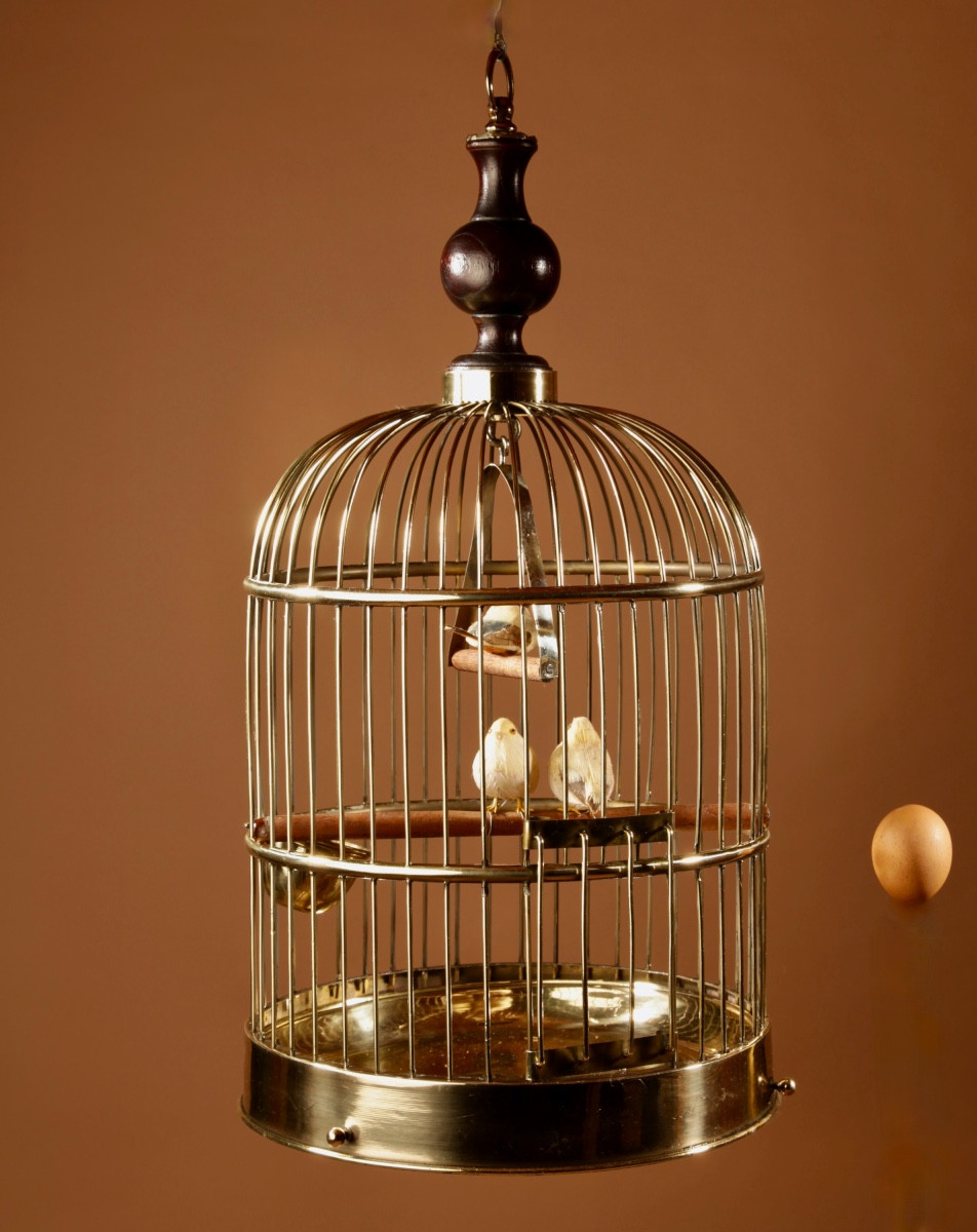 Cage à oiseaux ronde en laiton très décorative, vers 1920-40-photo-2
