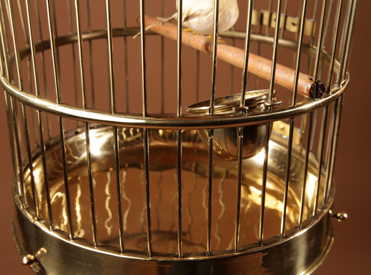 Cage à oiseaux ronde en laiton très décorative, vers 1920-40-photo-1