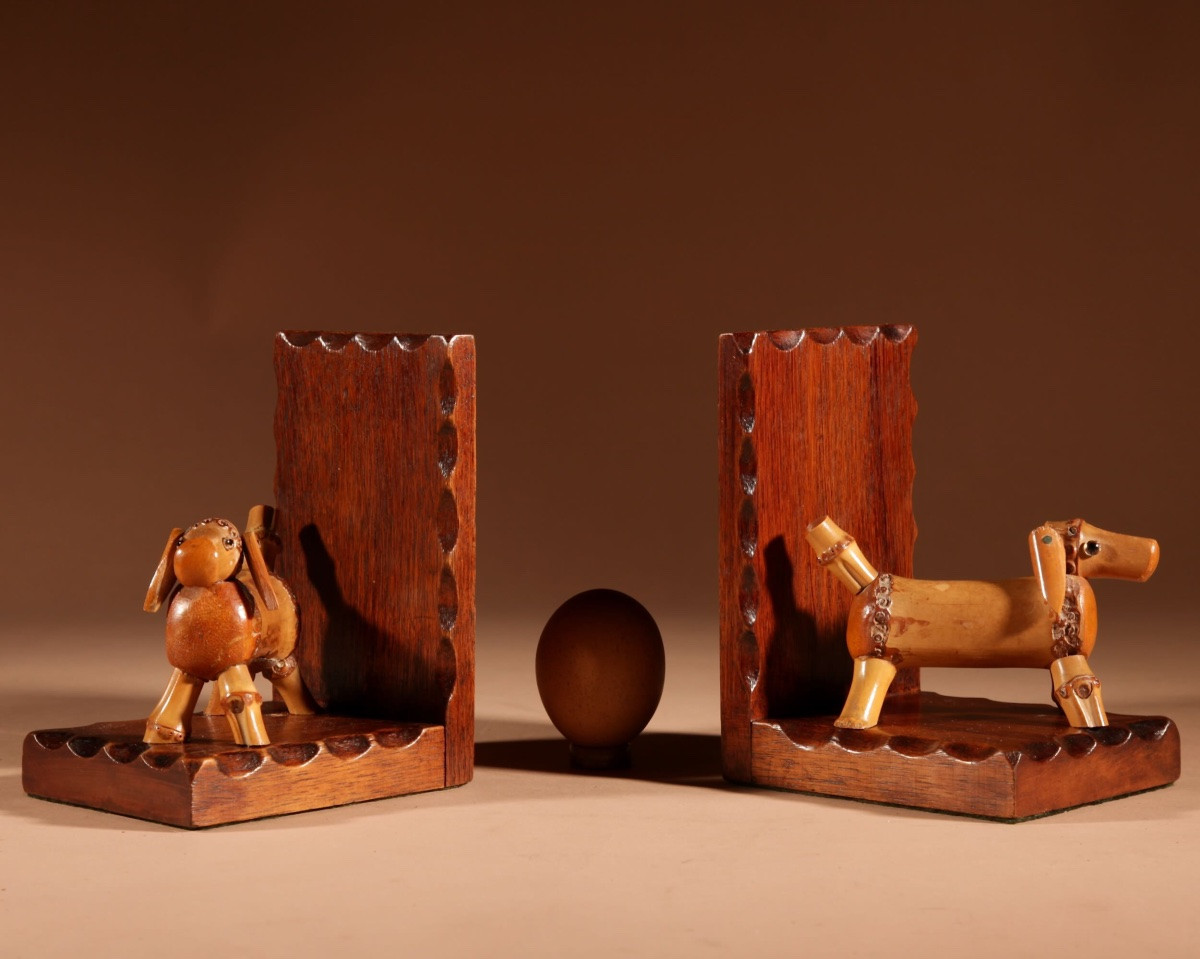 An Unusual Amusing Pair Of Art Deco Bamboo Dogs Bookends, Circa 1920-40-photo-2