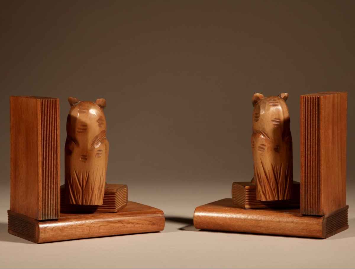 Art Deco Paire de serre-livres amusants en forme de hibou sculpté, Forêt-Noire, vers 1920-photo-4
