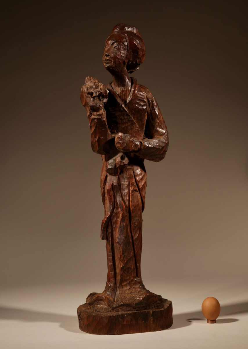  A Very Interesting Japanese Wooden Carved Sculpture Of A Geisha In The Nata-tsukuri Style.-photo-2