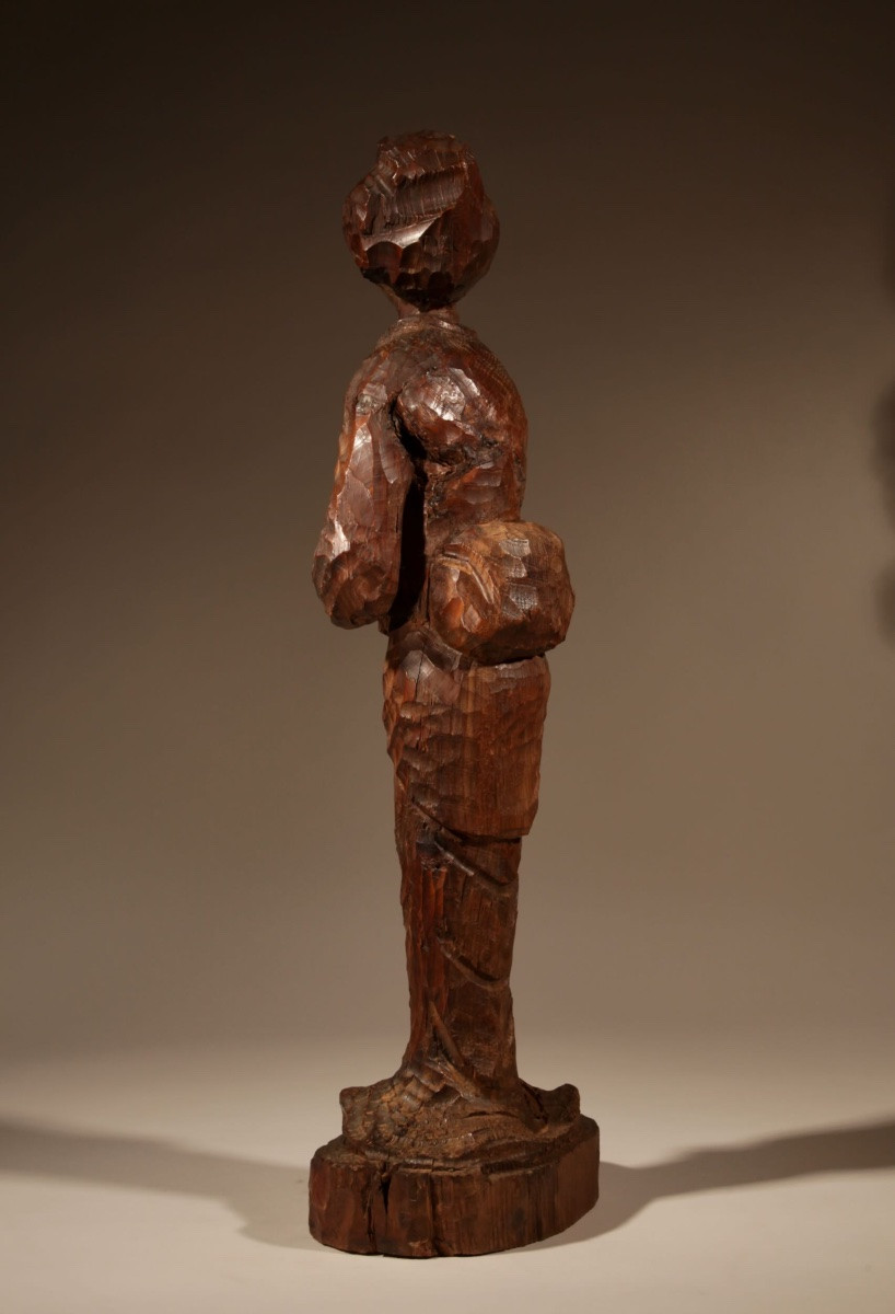  A Very Interesting Japanese Wooden Carved Sculpture Of A Geisha In The Nata-tsukuri Style.-photo-3