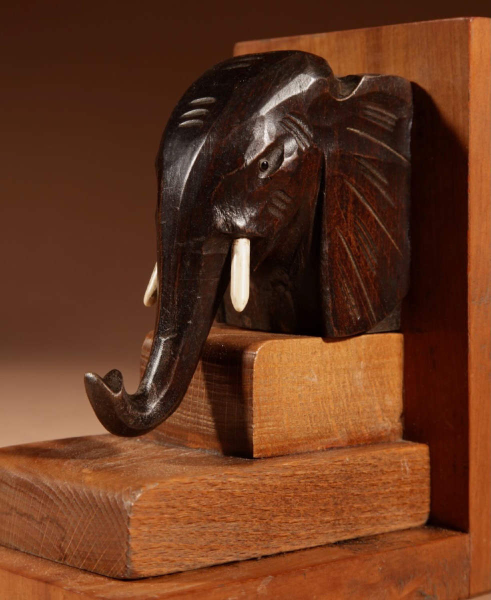   Impressive Black Forest Amusing Pair Of Elephant Carved Wooden Bookends Circa 1900-20.-photo-1