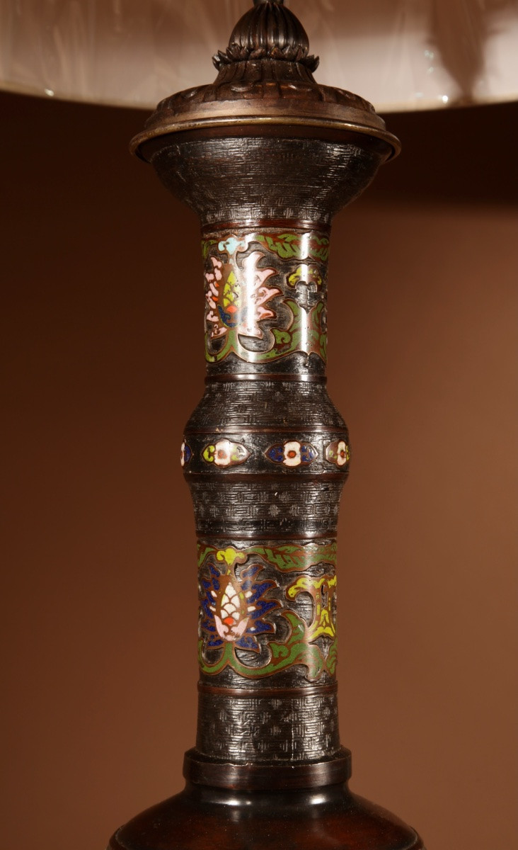 Original Japanese Table Lamp In Champlevé Bronze.-photo-1