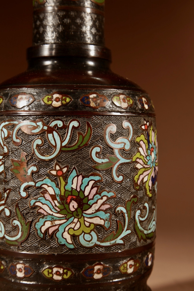 Original Japanese Table Lamp In Champlevé Bronze.-photo-2