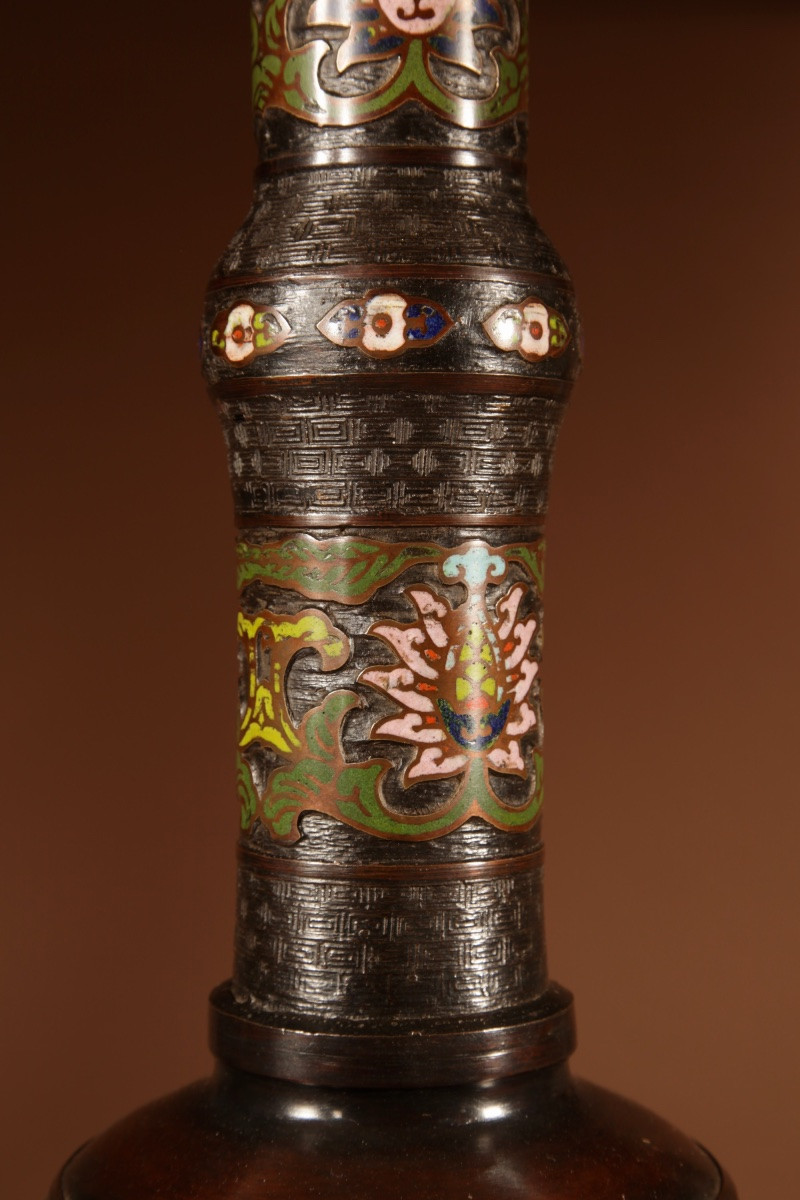 Original Japanese Table Lamp In Champlevé Bronze.-photo-4