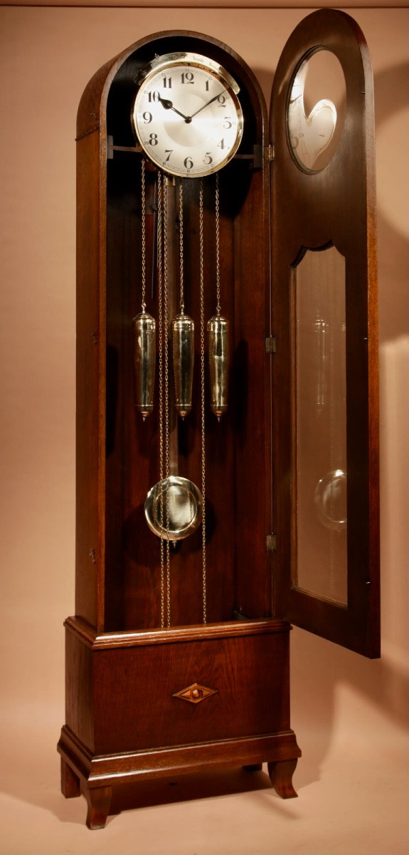  Art Deco Black Forest Longcase Clock, 4 Chimes/melodies, In Oak, Patented, Germany. -photo-1