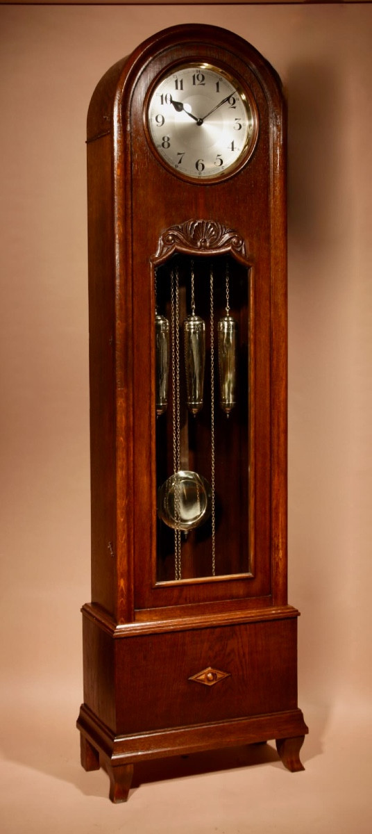  Art Deco Black Forest Longcase Clock, 4 Chimes/melodies, In Oak, Patented, Germany. 