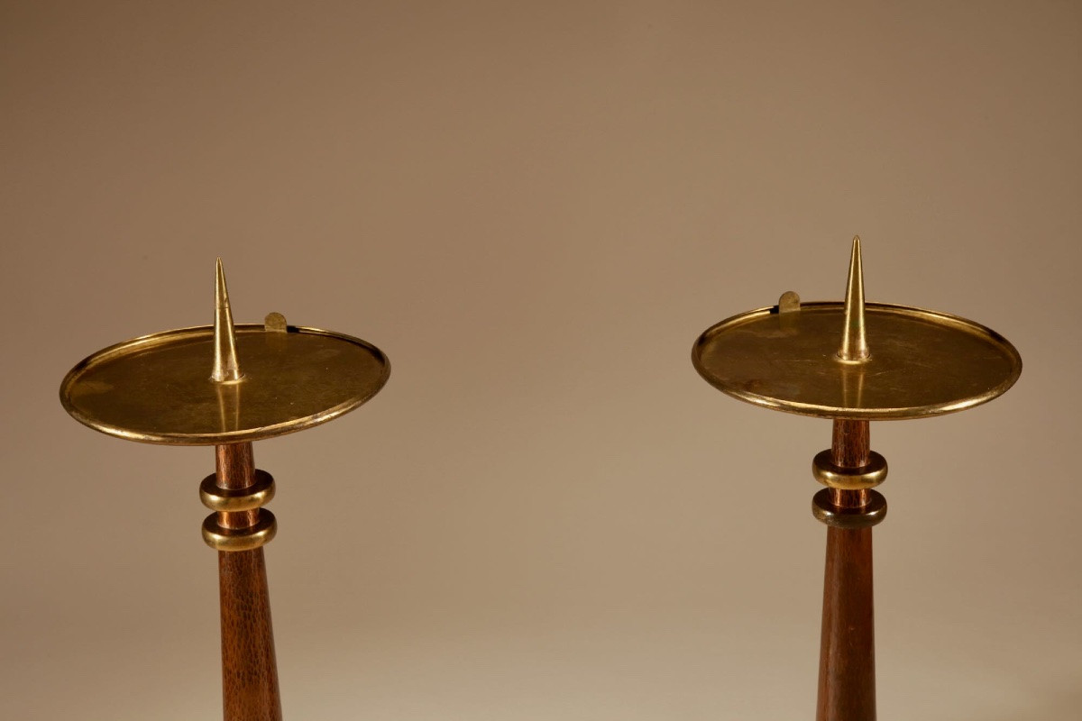  Six grands  bougeoirs à picots en cuivre et laiton, de style Art nouveau/Art déco, école -photo-2