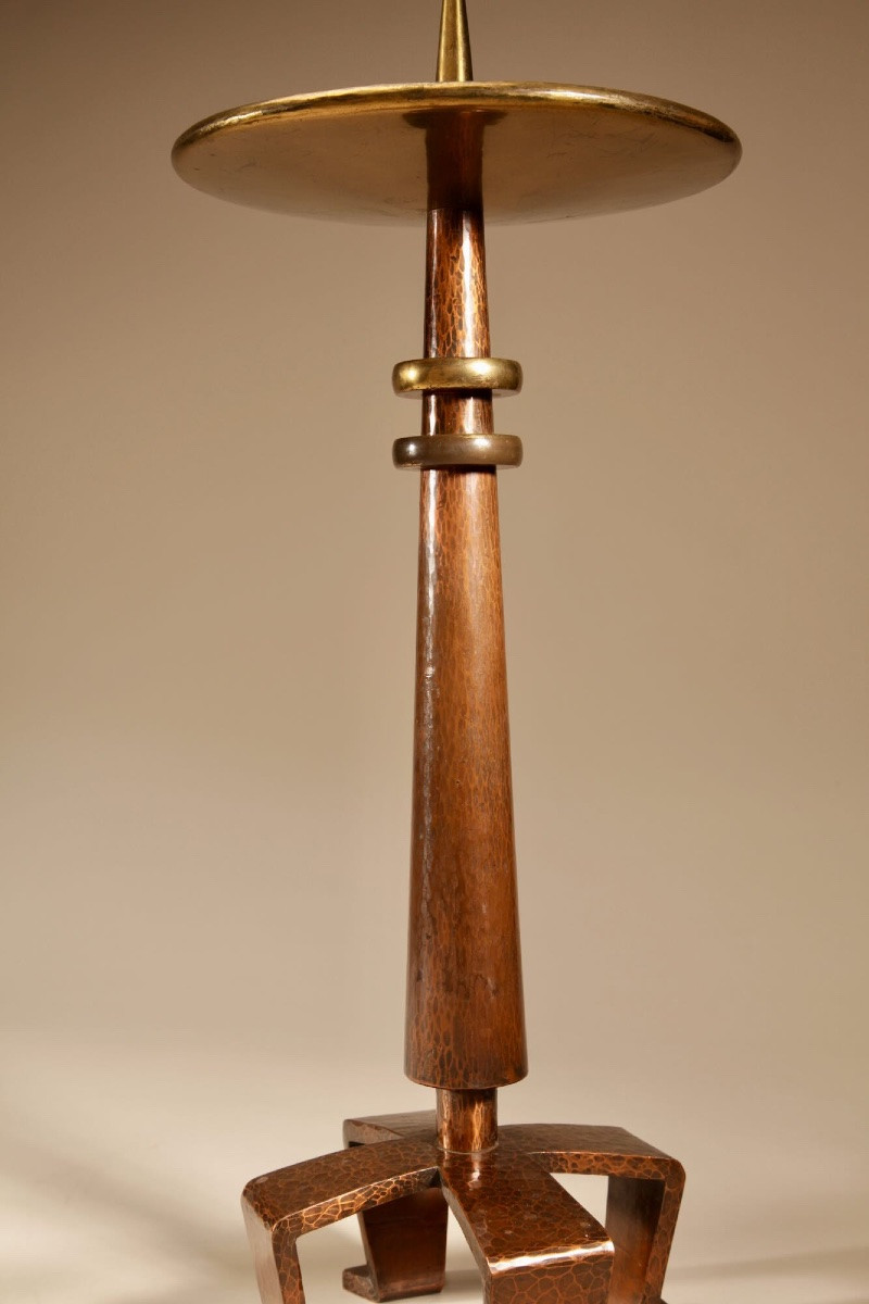  Six grands  bougeoirs à picots en cuivre et laiton, de style Art nouveau/Art déco, école -photo-5