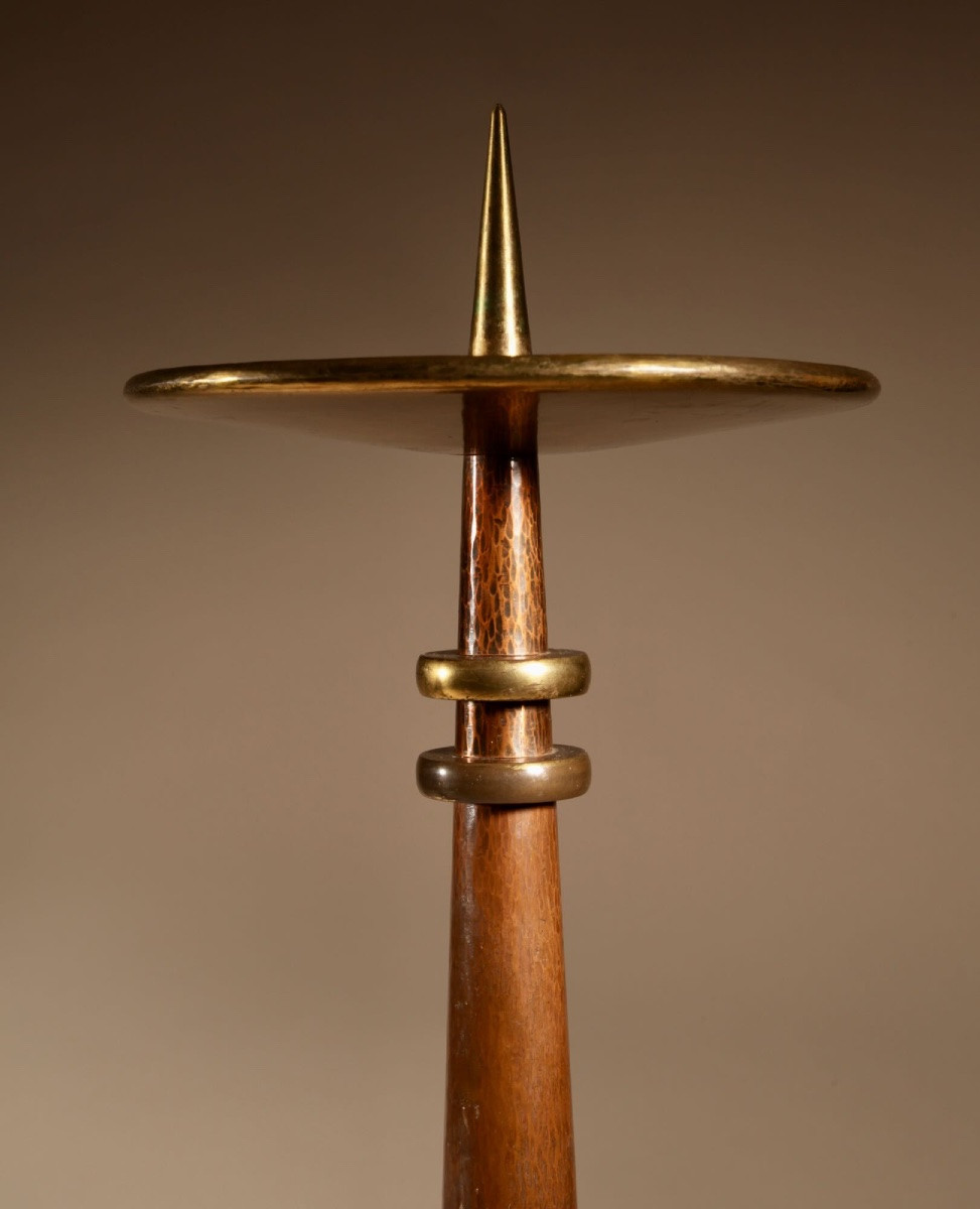  Six grands  bougeoirs à picots en cuivre et laiton, de style Art nouveau/Art déco, école -photo-6