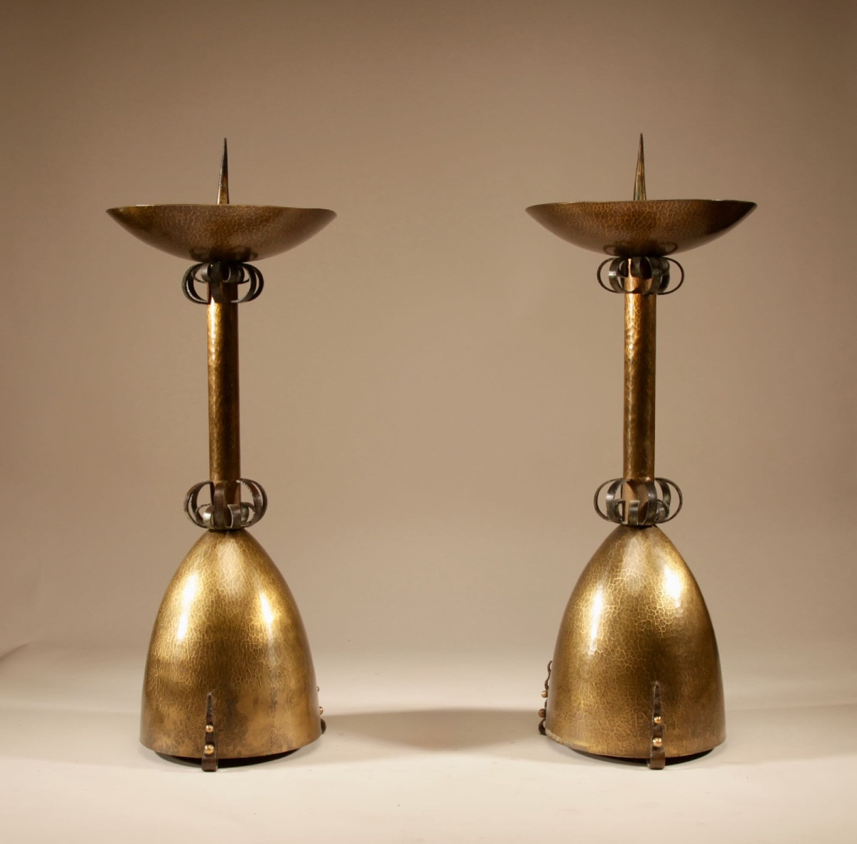 Pair A: Very Impressive Amsterdam School Pair Of Brass/iron Pricket Candlesticks Circa 1900-20 