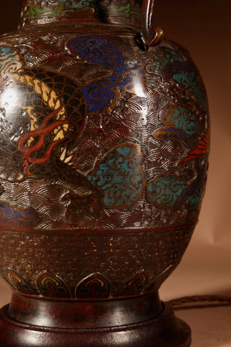 A Large Impressive Champlevé Japanese Bronze Table Lamp.-photo-1