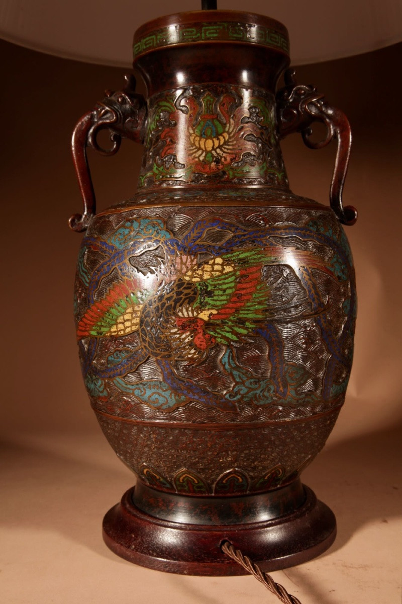 A Large Impressive Champlevé Japanese Bronze Table Lamp.-photo-2