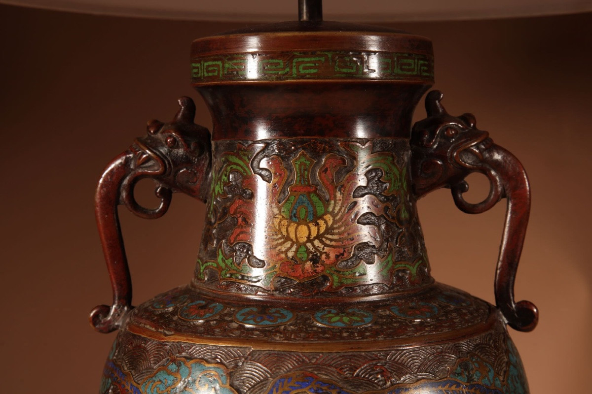 A Large Impressive Champlevé Japanese Bronze Table Lamp.-photo-3
