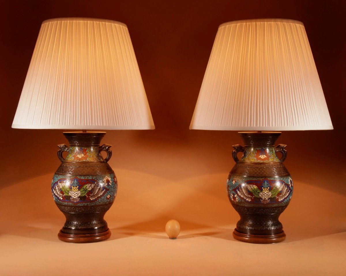 Pair Of Large Japanese Champlevé Bronze Table Lamps.-photo-2