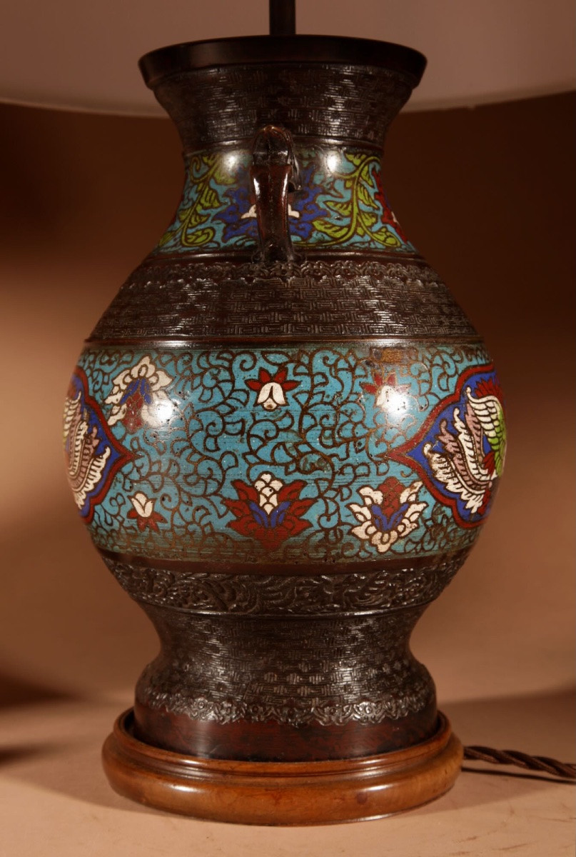 Pair Of Large Japanese Champlevé Bronze Table Lamps.-photo-3