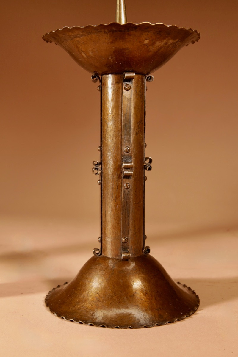 Amsterdam School Brass Pricket Patinated Candlesticks.-photo-3