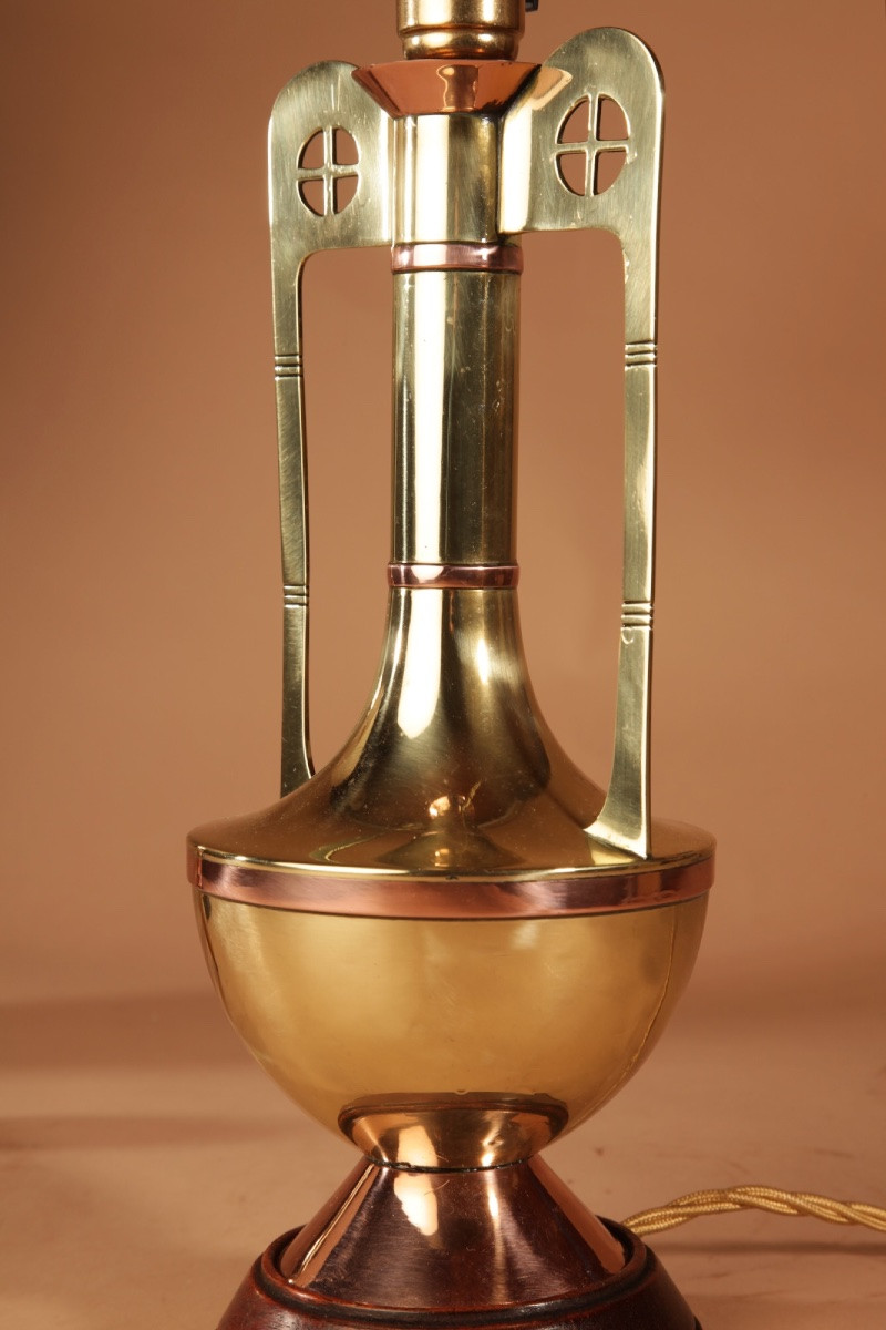 1900-20 Gustave Serrurier Bovy Style, Copper And Brass Stylish Pair Of Table Lamps-photo-1