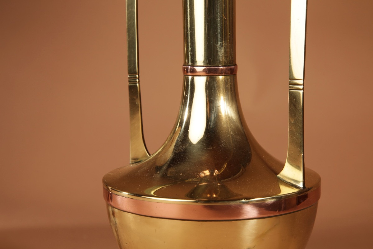 1900-20 Gustave Serrurier Bovy Style, Copper And Brass Stylish Pair Of Table Lamps-photo-2