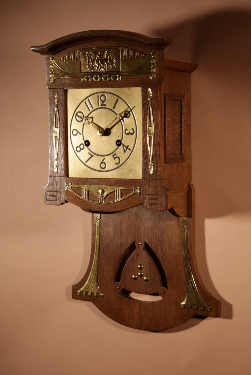 Horloge murale Art Nouveau Philipp Haas Forêt-Noire, très élégante, en chêne blond, vers 1900.-photo-3