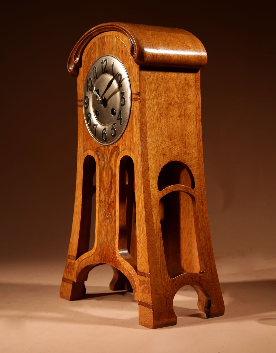 Art Nouveau Very Stylish And Elegant Oak Inlaid Mantel Clock Circa 1900-photo-1