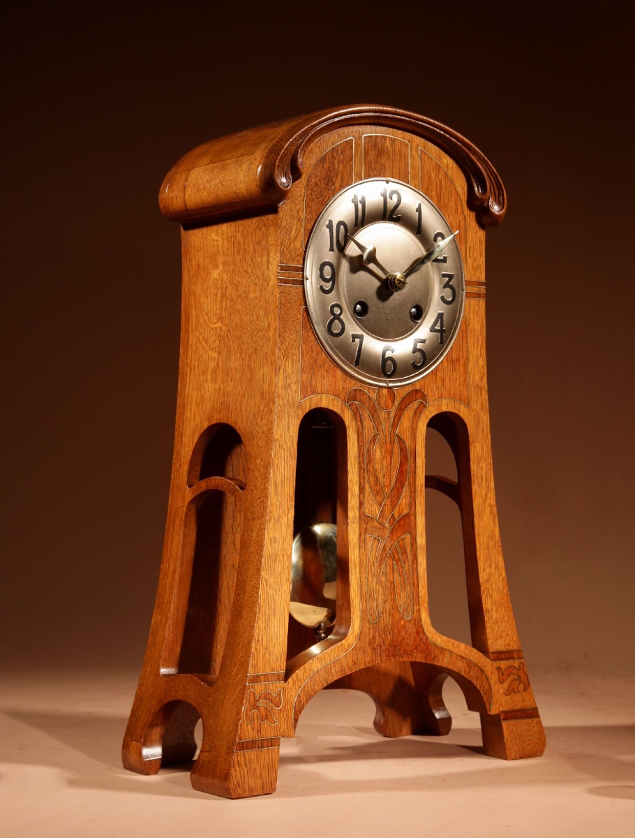 Art Nouveau Very Stylish And Elegant Oak Inlaid Mantel Clock Circa 1900-photo-2