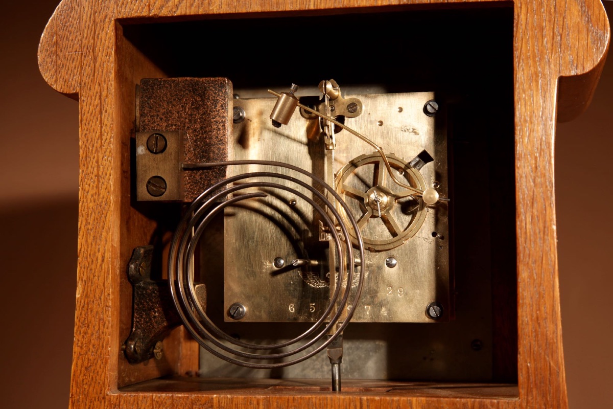 Art Nouveau Very Stylish And Elegant Oak Inlaid Mantel Clock Circa 1900-photo-6