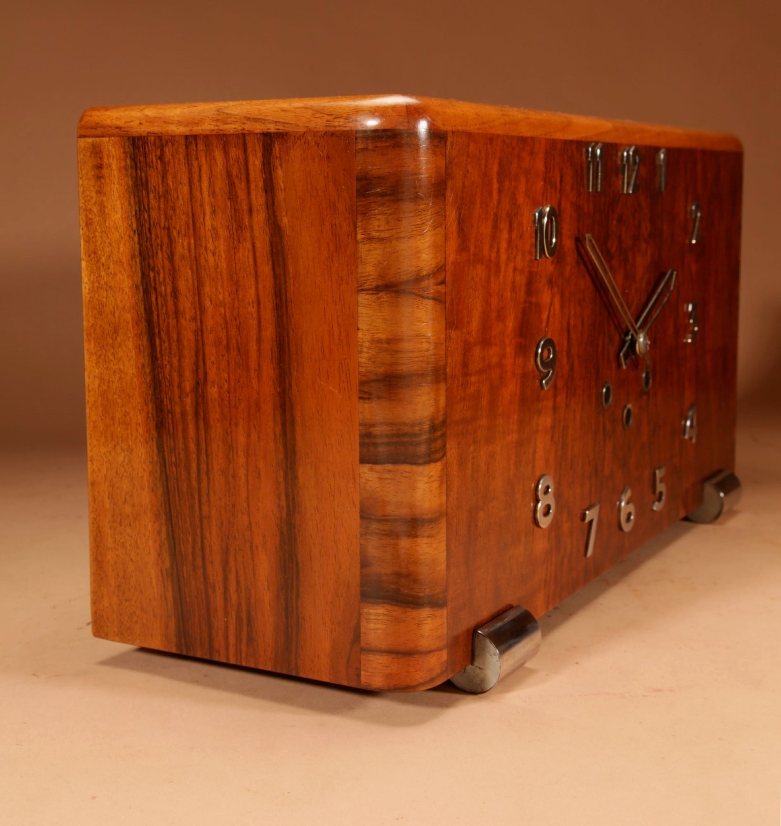 Art Deco French Very Stylish Walnut And Chrome Westminster Mantel Clock.-photo-1