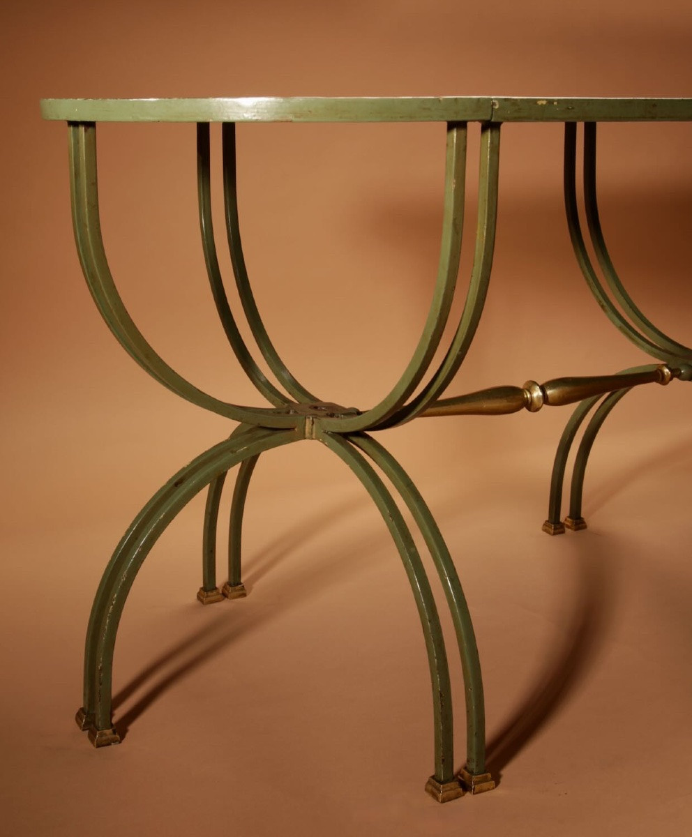 Exceptional Four Parts Art Deco Wrought Iron, Brass And Original Glass French Coffee Table.-photo-2