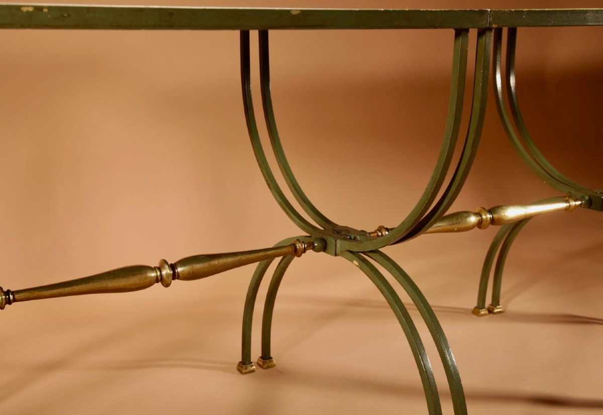 Exceptional Four Parts Art Deco Wrought Iron, Brass And Original Glass French Coffee Table.-photo-3