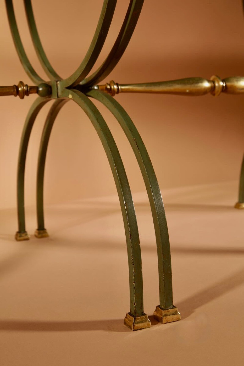 Exceptional Four Parts Art Deco Wrought Iron, Brass And Original Glass French Coffee Table.-photo-4