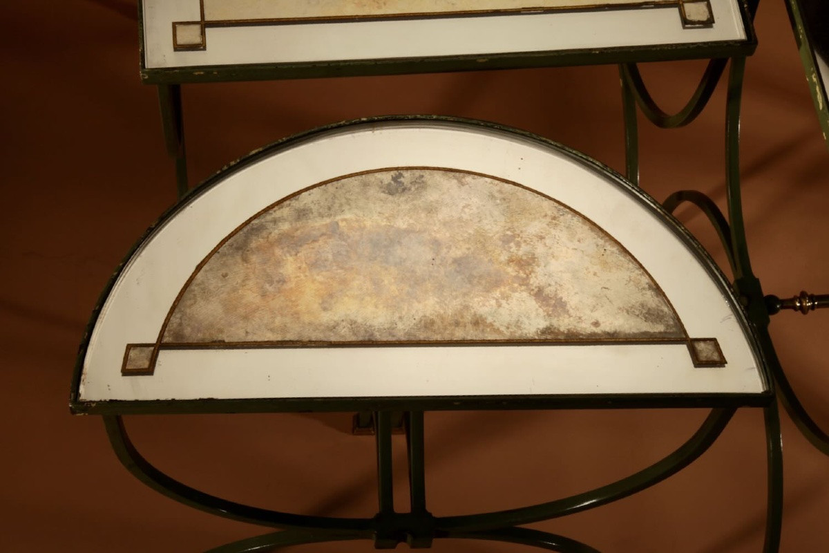 Exceptional Four Parts Art Deco Wrought Iron, Brass And Original Glass French Coffee Table.-photo-2