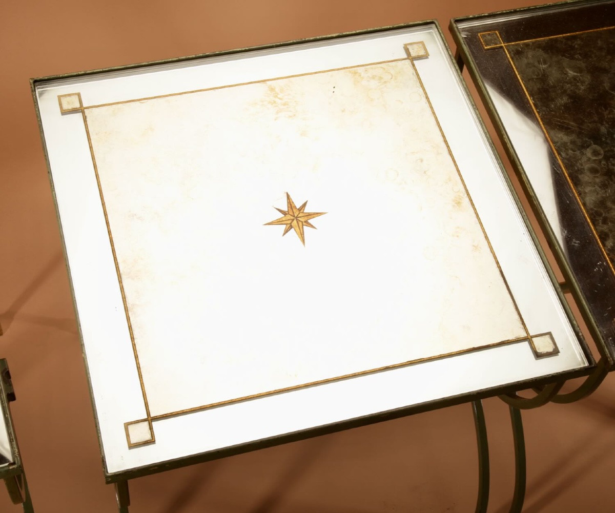 Exceptional Four Parts Art Deco Wrought Iron, Brass And Original Glass French Coffee Table.-photo-3