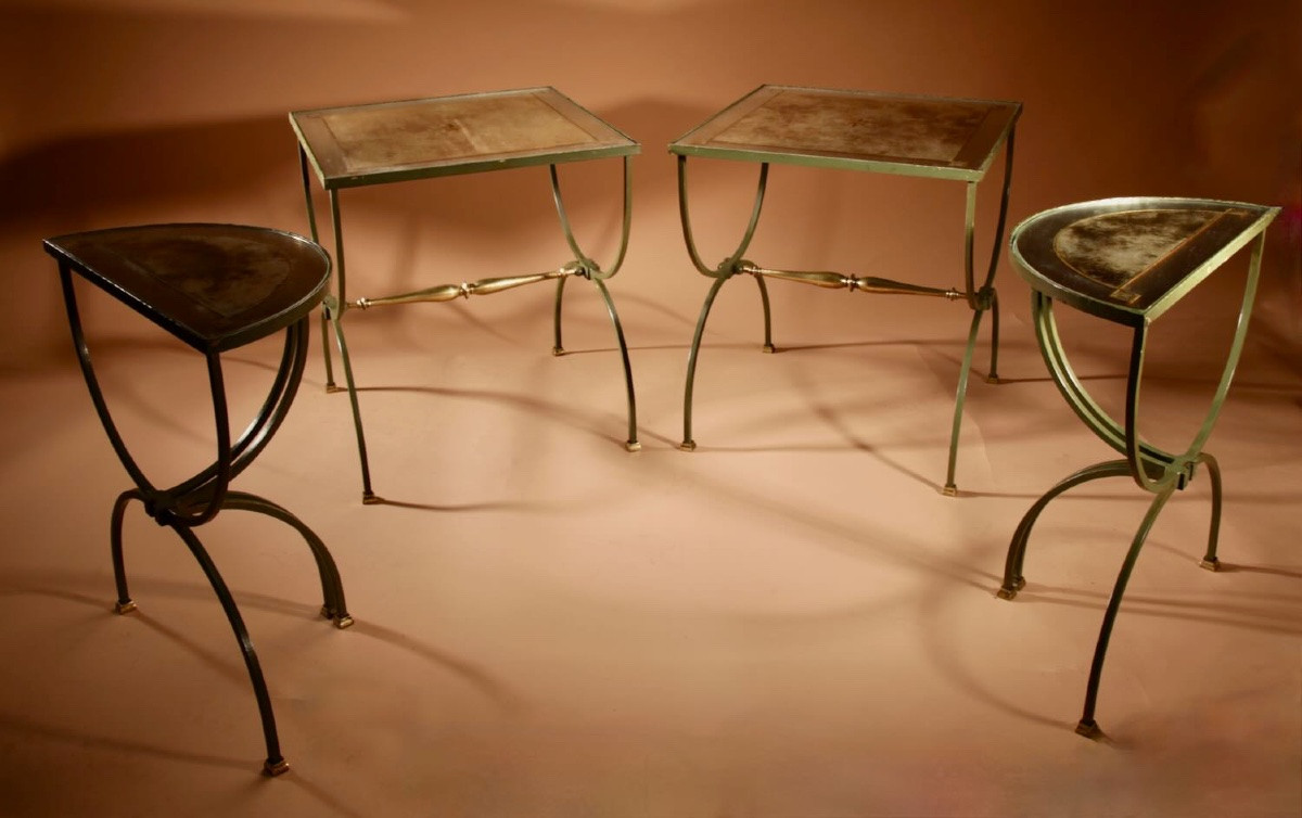 Exceptional Four Parts Art Deco Wrought Iron, Brass And Original Glass French Coffee Table.-photo-4