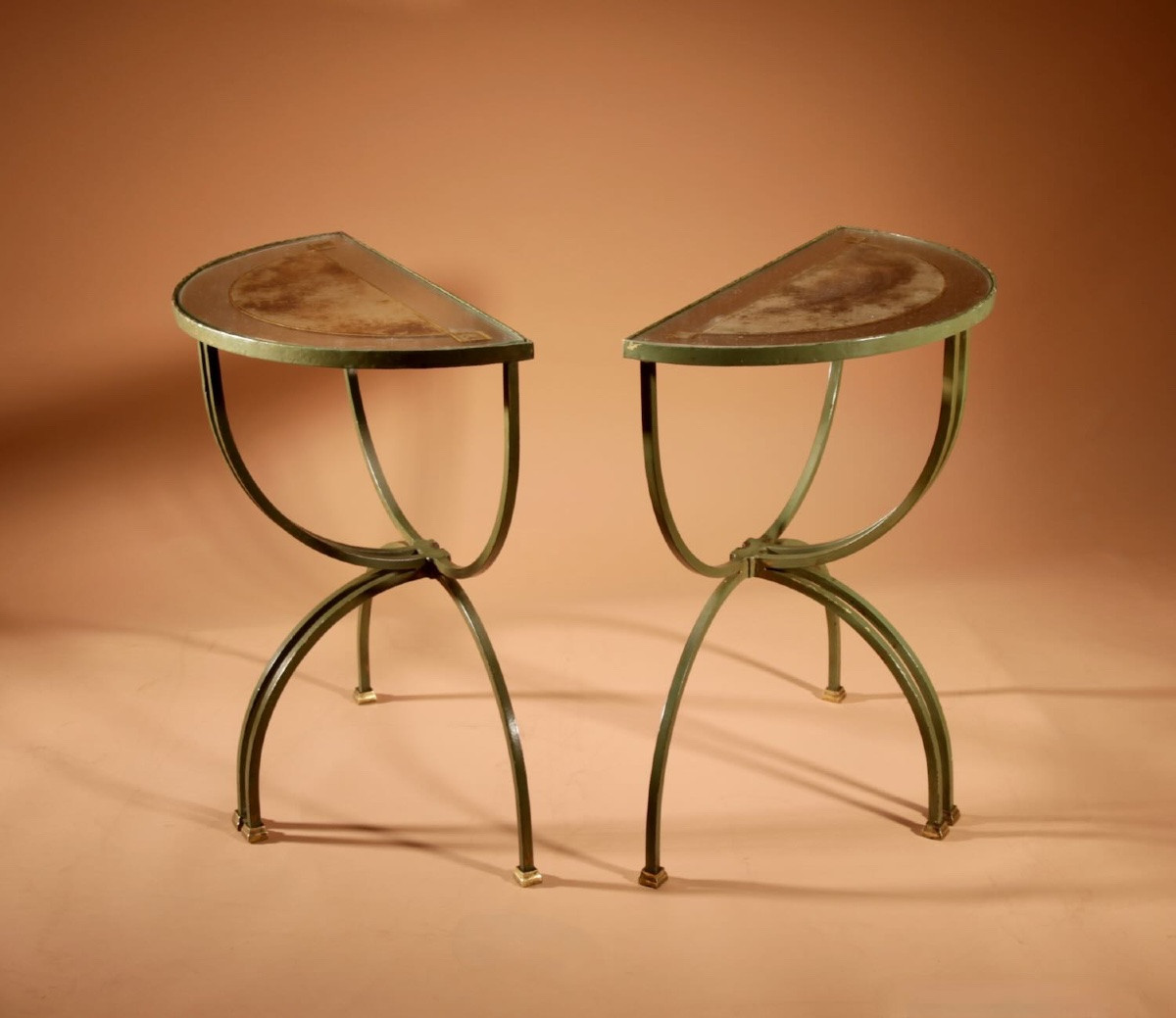 Exceptional Four Parts Art Deco Wrought Iron, Brass And Original Glass French Coffee Table.-photo-6