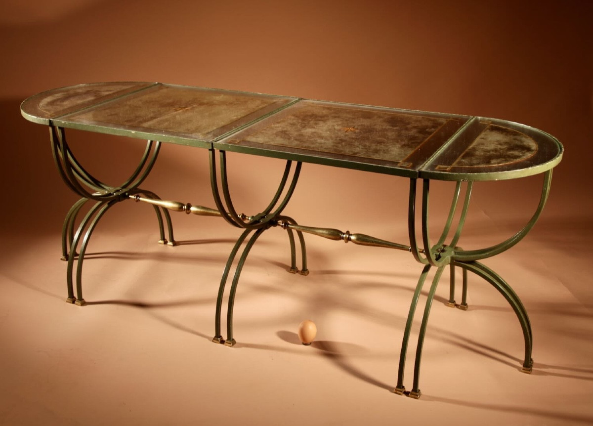 Exceptional Four Parts Art Deco Wrought Iron, Brass And Original Glass French Coffee Table.