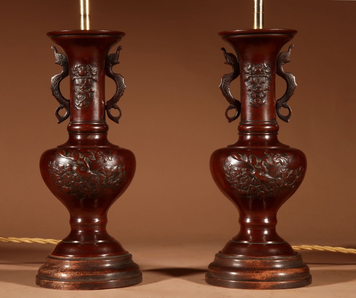 Elegant Pair Of Fine Japanese Bronze Table Lamps, Meiji (1868-1912)-photo-3