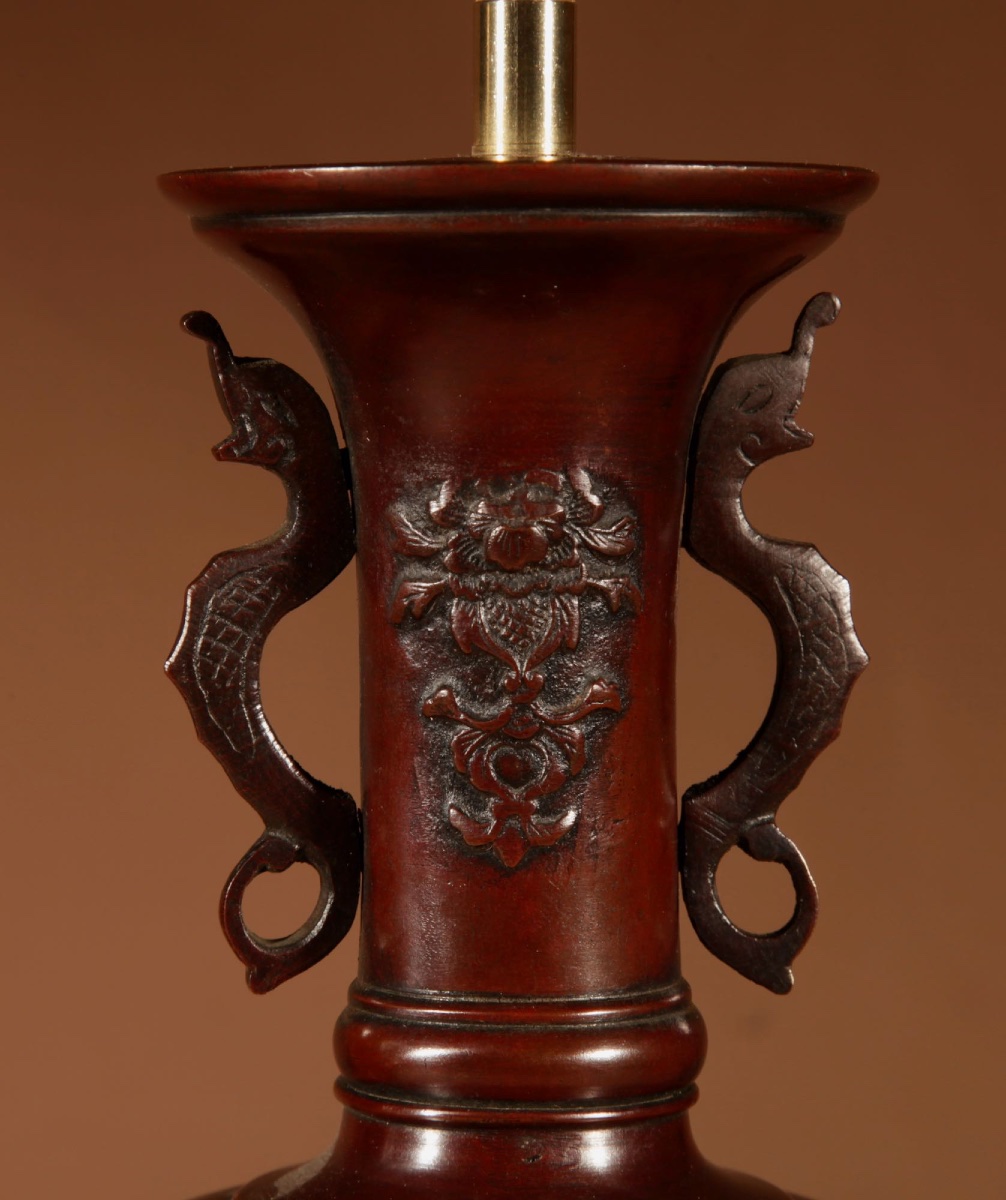 Elegant Pair Of Fine Japanese Bronze Table Lamps, Meiji (1868-1912)-photo-4