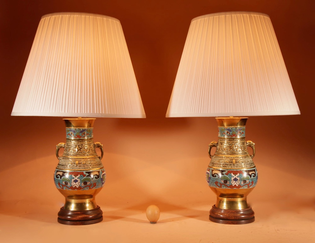 Pair Of Japanese Brass And Enamel Champlevé Japanese Table Lamps.-photo-2