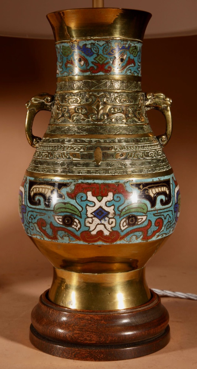 Pair Of Japanese Brass And Enamel Champlevé Japanese Table Lamps.-photo-3