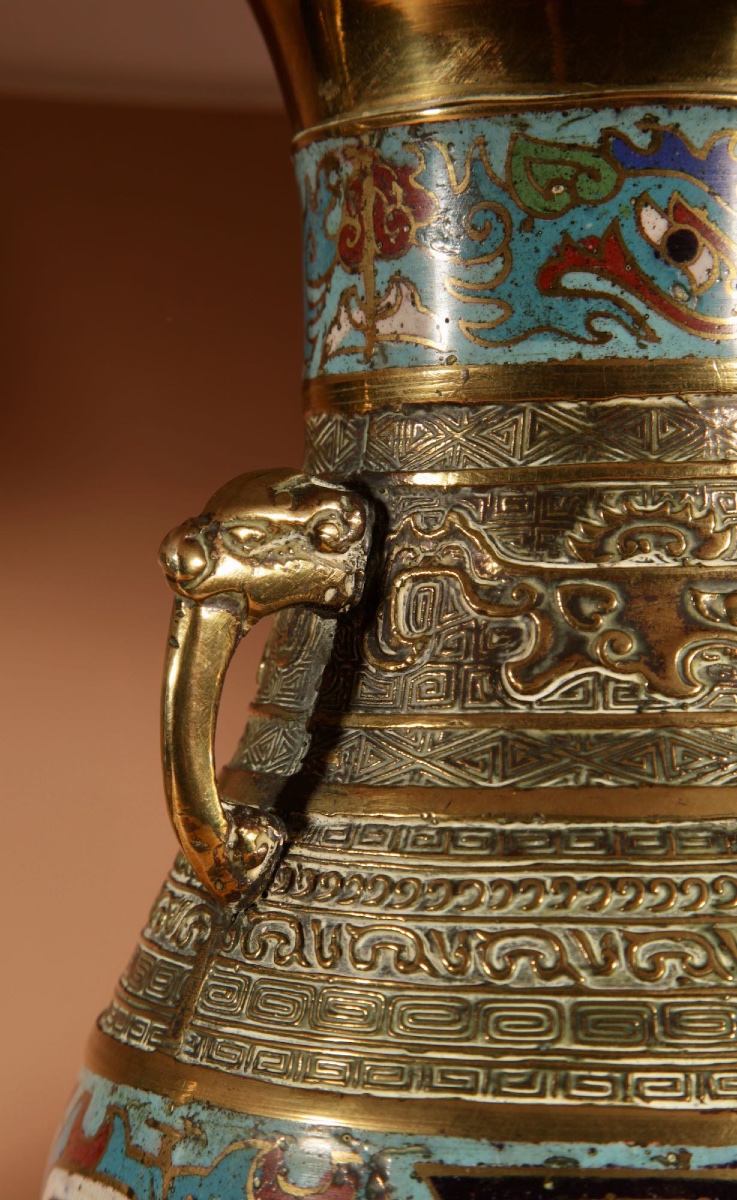 Pair Of Japanese Brass And Enamel Champlevé Japanese Table Lamps.-photo-2