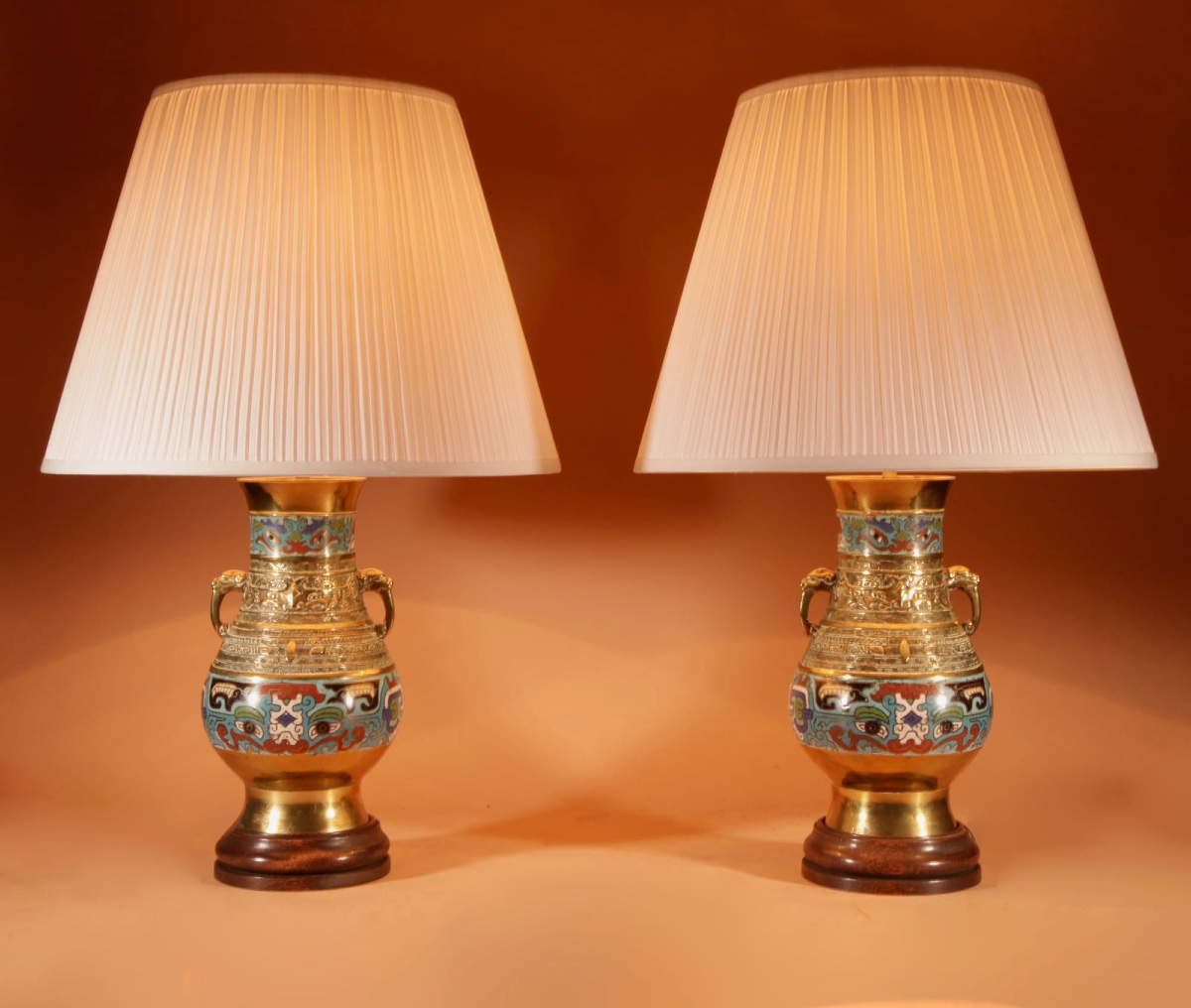 Pair Of Japanese Brass And Enamel Champlevé Japanese Table Lamps.
