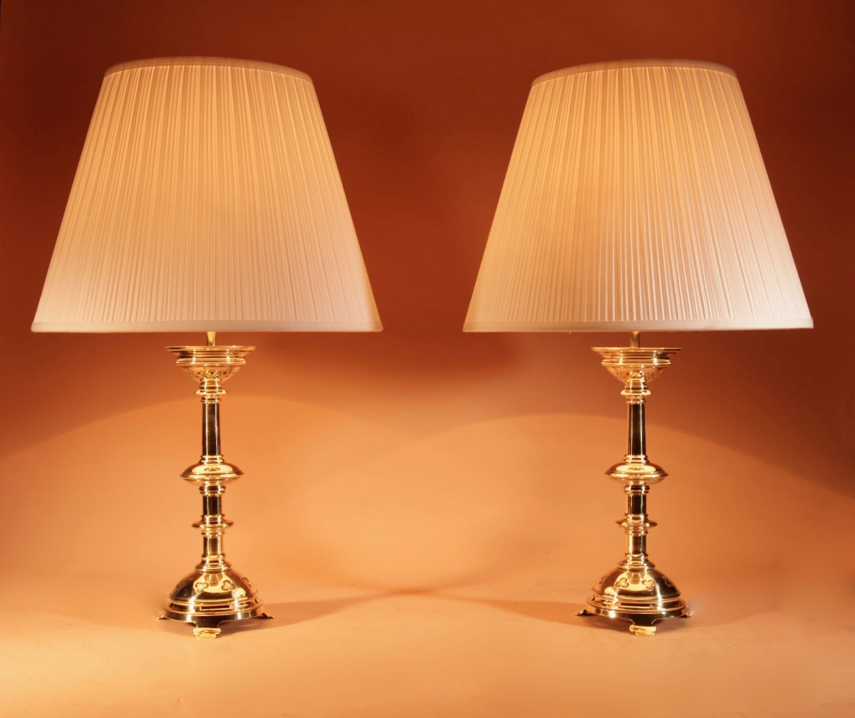 Pair Of Cast Brass Table Lamps In The Medieval Style, Circa 1900 