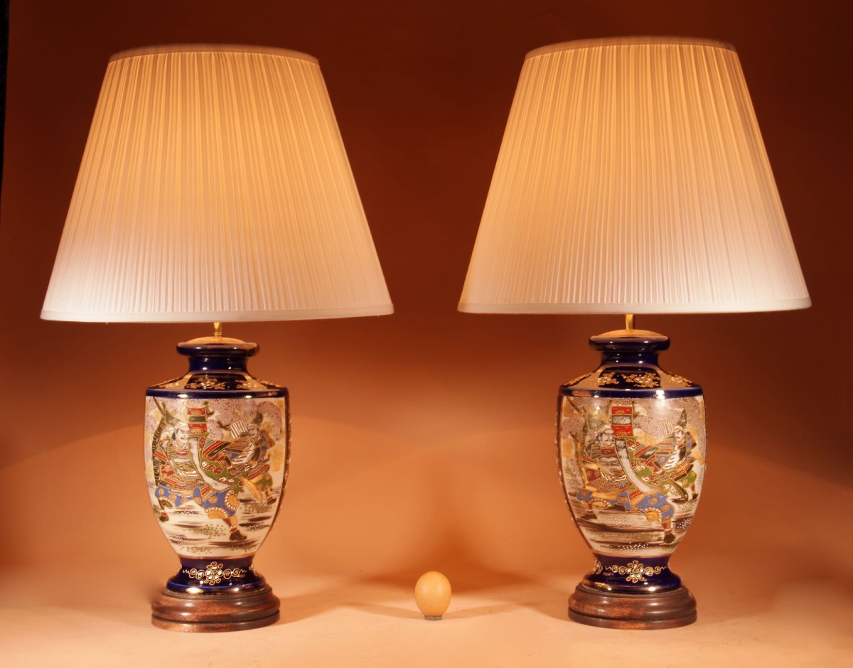  Large Very Decorative Pair Of Japanese Satsuma Table Lamps.-photo-2